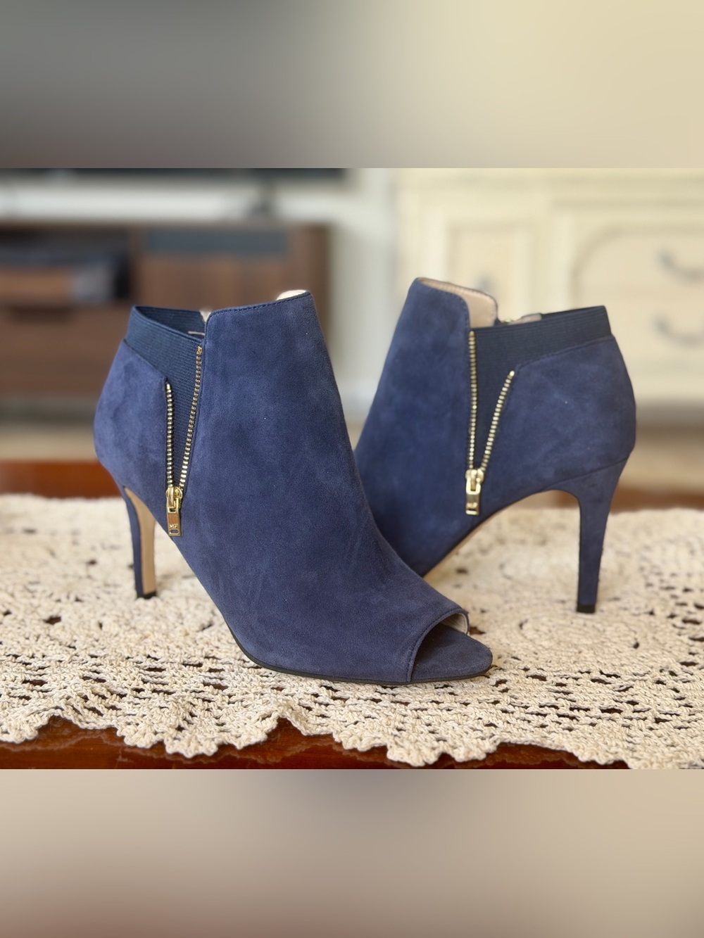 Marc Fisher Navy Suede Peep-Toe Ankle Booties with Gold Zippers